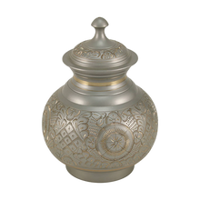Silver Brass Large Urn with Hand - Etched Engraved Design - Funeral.com, Inc.