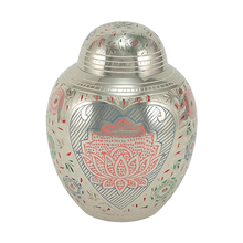 Silver Brass Large Urn with Pink Lotus Floral Etching - Funeral.com, Inc.