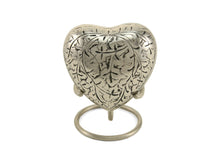 Silver Brass Oak Leaf Engraved Heart Keepsake Urn - Funeral.com, Inc.