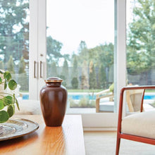 Speckled Brown Brass Full Size Pet Urn with Accent Ring - Funeral.com, Inc.