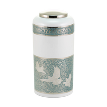 White Brass Adult Cremation Urn with Teal Doves Design - Funeral.com, Inc.