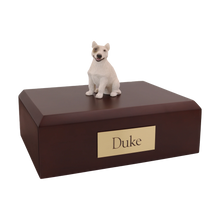 White Bull Terrier with Eye Patch, Sitting Upright Figurine Pet Cremation Urn - Funeral.com, Inc.