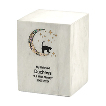 White Marble Cat & Moon Pink Inlay Large Pet Cremation Urn - Funeral.com, Inc.