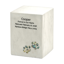 White Marble Paws Print Inlay Medium Pet Cremation Urn - Funeral.com, Inc.