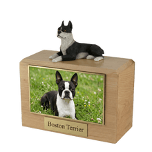 Wooden Pet Urn with Lying Down Boston Terrier Figurine & 4x6 Inches Photo Holder - Funeral.com, Inc.