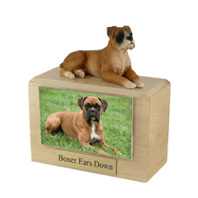 Wooden Pet Urn with Lying Down Boxer with Ears Down Figurine & 4x6 Inches Photo Holder - Funeral.com, Inc.