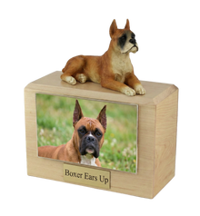 Wooden Pet Urn with Lying Down Boxer with Ears Up Figurine & 4x6 Inches Photo Holder - Funeral.com, Inc.