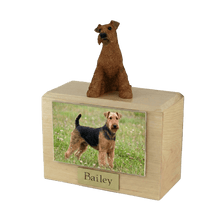Wooden Pet Urn with Sitting Airedale Terrier Figurine & 4x6 Inches Photo Holder - Funeral.com, Inc.