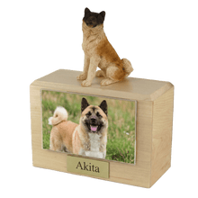 Wooden Pet Urn with Sitting Akita Japanese Figurine & 4×6 Inches Photo Holder - Funeral.com, Inc.