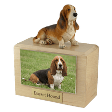 Wooden Pet Urn with Sitting Basset Hound Figurine & 4x6 Inches Photo Holder - Funeral.com, Inc.