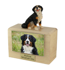 Wooden Pet Urn with Sitting Bernese Mountain Dog Figurine & 4x6 Inches Photo Holder - Funeral.com, Inc.