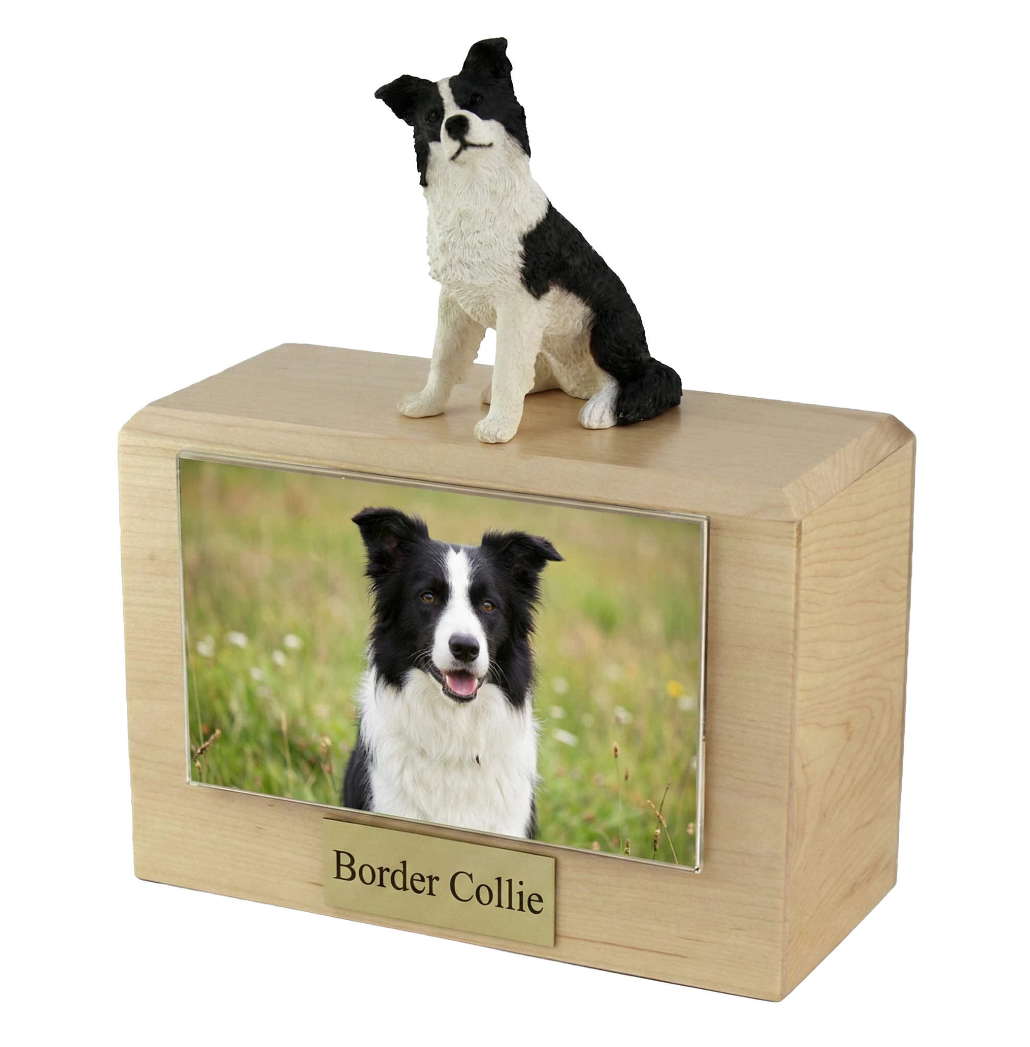 Wooden Pet Urn w/ Sitting Border Collie Figurine & 4x6 Photo Holder ...