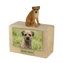 Wooden Pet Urn with Sitting Border Terrier Figurine & 4x6 Inches Photo Holder - Funeral.com, Inc.