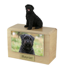 Wooden Pet Urn with Sitting Bouvier Figurine & 4x6 Inches Photo Holder - Funeral.com, Inc.