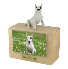 Wooden Pet Urn with Sitting Bull Terrier Figurine & 4x6 Inches Photo Holder - Funeral.com, Inc.