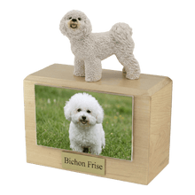 Wooden Pet Urn with Standing Bichon Frise Figurine & 4x6 Inches Photo Holder - Funeral.com, Inc.