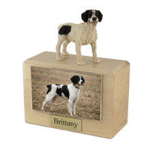 Wooden Pet Urn with Standing Black Brittany Figurine & 4x6 Inches Photo Holder - Funeral.com, Inc.