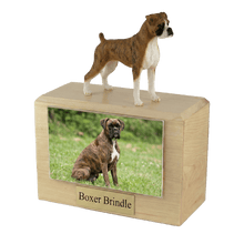 Wooden Pet Urn with Standing Boxer Brindle with Ears Down Figurine & 4x6 Inches Photo Holder - Funeral.com, Inc.