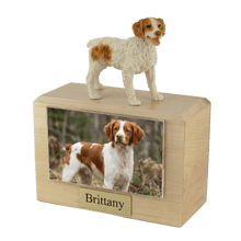 Wooden Pet Urn with Standing Brown Brittany Figurine & 4x6 Inches Photo Holder - Funeral.com, Inc.