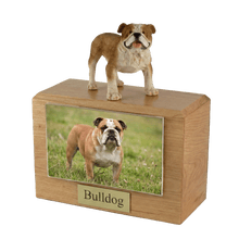 Wooden Pet Urn with Standing Bulldog Figurine & 4x6 Inches Photo Holder - Funeral.com, Inc.