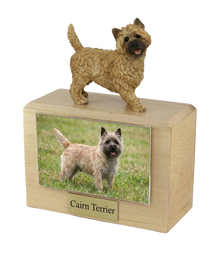Wooden Pet Urn with Standing Cairn Terrier Figurine & 4x6 Inches Photo Holder - Funeral.com, Inc.
